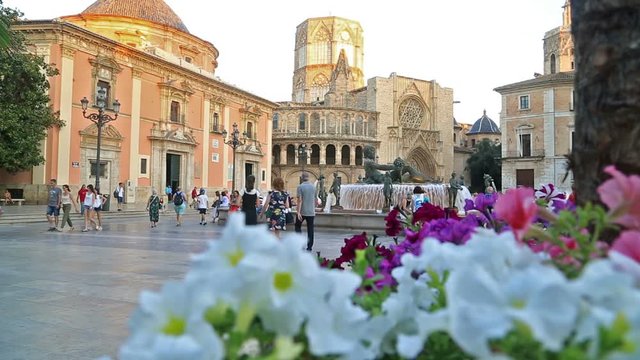Plaza de la Virgen and Cathedral Square in Valencia Spain  AUGUST 07, 2017