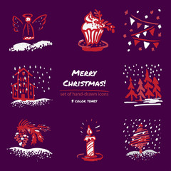 Christmas hand drawn sketch icons on dark purple background Few color tones, red, white, gray