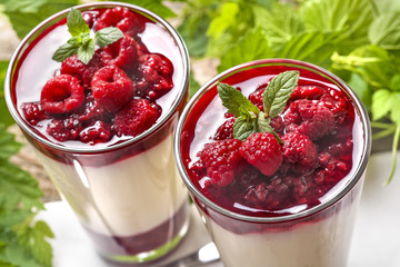 Pana cotta with mint and raspberries with fruit topping