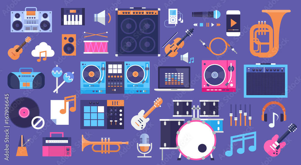 Wall mural seamless pattern music instruments and equipment electronics icons flat vector illustration