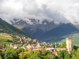 Fototapeta na wymiar Mountain village with ancient towers. Mestia, Svaneti, Georgia