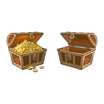 vector wooden treasure chest set. Isolated illustration on a white background. Opened, full of golden coins and opened empty box. Flat cartoon symbol of adventure, pirates, risk profit and wealth.