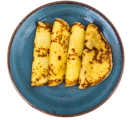 Delicious hot pancakes on blue plate on white background
