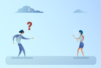 Business Man Blind Forded Walk On Businesswoman Voice Direction Support Concept Vector Illustration