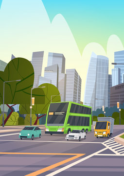 City Street Skyscraper Buildings Road View Modern Cityscape Singapore Downtown Flat Vector Illustration