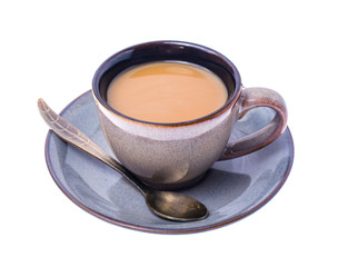 Cup of coffee with milk on pastel background