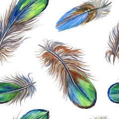Seamless watercolor pattern of green bird feathers on a white background.