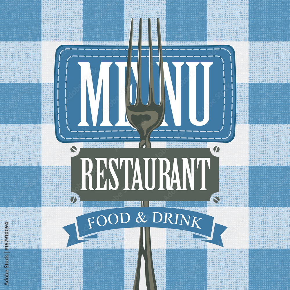 Aufkleber vector banner for menu cafe or restaurant with a fork and fabric stripe against the background of a 