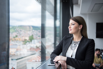 Elegant Woman Using Mobile Phone by window in office building