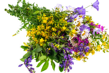 Bouquet of multicolored wildflowers on white background