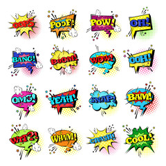 Comic Speech Chat Bubble Set Pop Art Style Sound Expression Text Icons Collection Vector Illustration