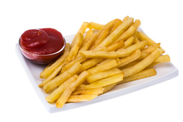 French fries and ketchup on white background