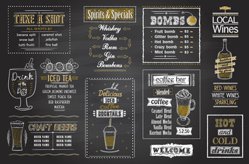 Alcohol bar menu, drinks, cocktails and spirits chalkboard menu - obrazy, fototapety, plakaty