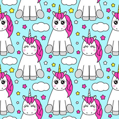 Cute childish seamless pattern with cartoon character of magic unicorn © C Design Studio