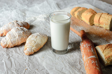 Still life of milk and bread products.