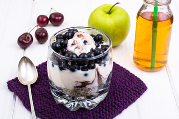 Useful and fitness breakfast with oat flakes, yogurt, fresh berr