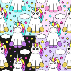Cute set of childish seamless patterns with cartoon character of magic unicorn © C Design Studio