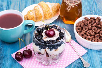Healthy food: multi-grain rings, yogurt, oatmeal, cherry and cro