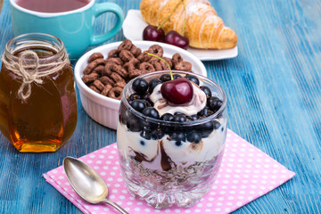 Healthy food: multi-grain rings, yogurt, oatmeal, cherry and cro