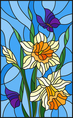 Illustration in stained glass style with a bouquet of yellow daffodils and blue butterflies on a blue background