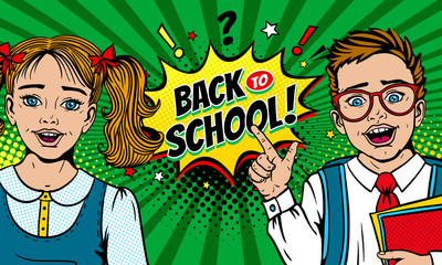 Wow faces. Cute surprised school girl and boy in glasses holding notebooks with open mouth points on Back to School speech bubble. Vector colorful cartoon background in retro pop art comic style.