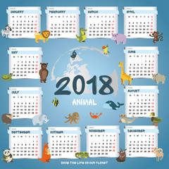 square calendar 2018. different animals. vector image