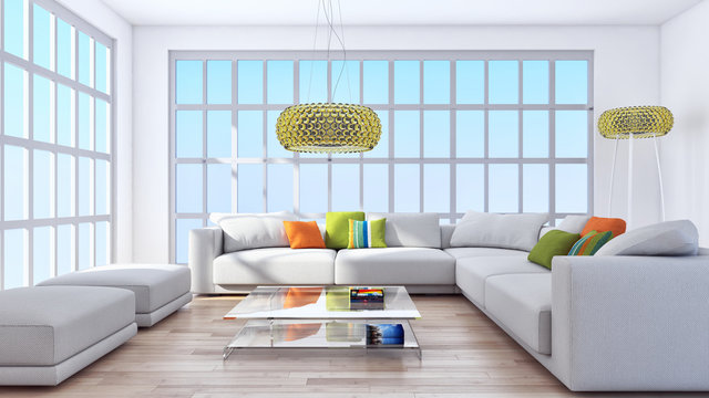 
Modern bright living room, interiors. 3D rendering
