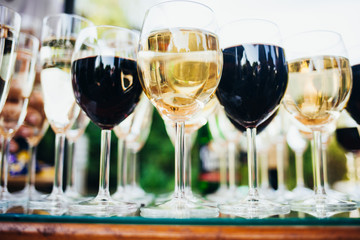 Many glasses of different wine on table
