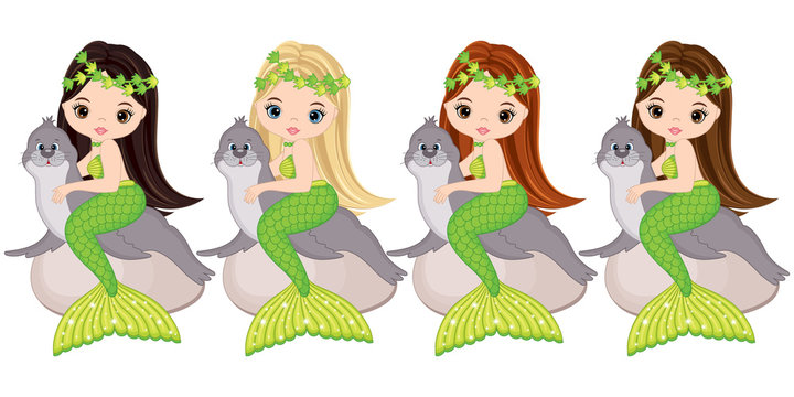 Vector Cute Little Mermaids with Fur Seals. Vector Mermaids 