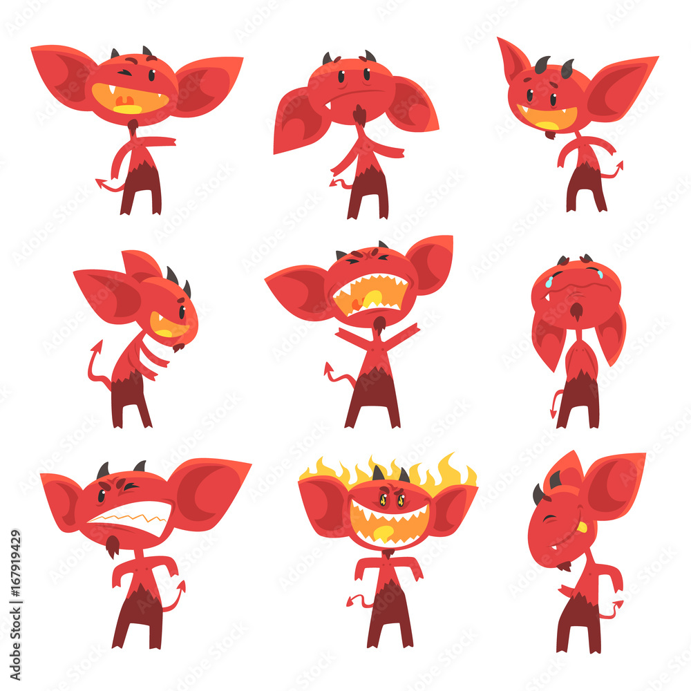 Poster funny red devil cartoon characters with different emotions set of vector illustrations