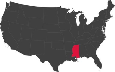 Map of the United States of America split into individual states. Highlighted state of Mississippi.