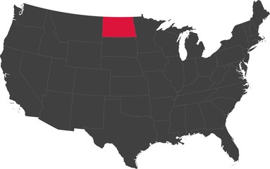 Map of the United States of America split into individual states. Highlighted state of North Dakota.