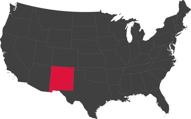 Map of the United States of America split into individual states. Highlighted state of New Mexico.