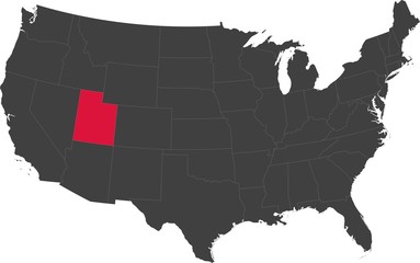 Map of the United States of America split into individual states. Highlighted state of Utah.