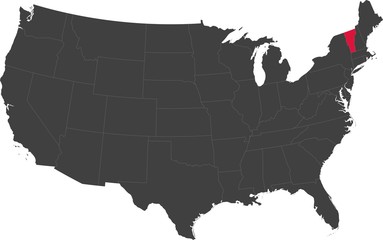 Map of the United States of America split into individual states. Highlighted state of Vermont.