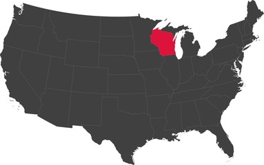 Map of the United States of America split into individual states. Highlighted state of Wisconsin.