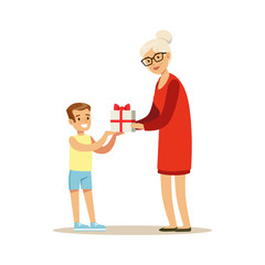 Grandmother giving gift box to her happy grandson colorful characters vector Illustration