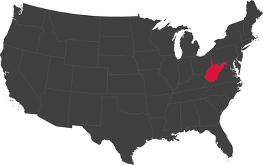 Map of the United States of America split into individual states. Highlighted state of West Virginia.