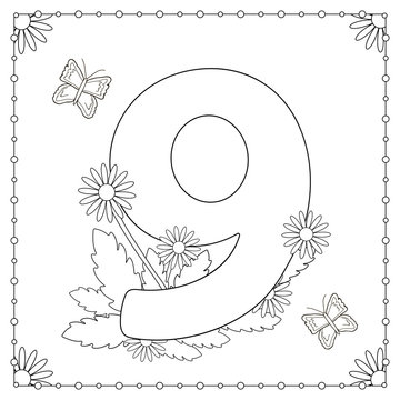 Numeral nine with flowers, leaves and butterflies. Coloring page