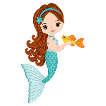 Vector Cute Little Mermaid with Fish