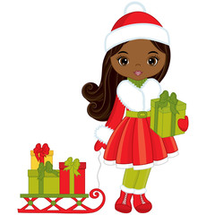 Vector Little African American Girl with Christmas Gifts and Sledges