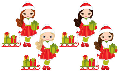 Vector Little Girls with Christmas Gifts and Sledges