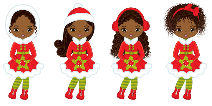 Vector Little African American Girls with Christmas Red Berries
