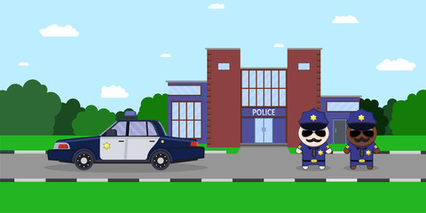 American police officers with police car and the department of police on the background. Flat style Vector illustration.