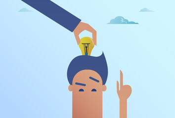 Business Man Hand Put Light Bulb In Head New Idea Concept Flat Vector Illustration