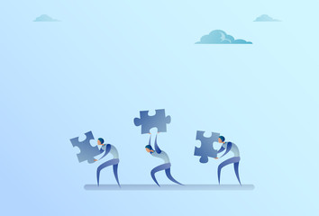Group Of Business People Carry Puzzle Parts Teamwork Cooperation Concept Flat Vector Illustration