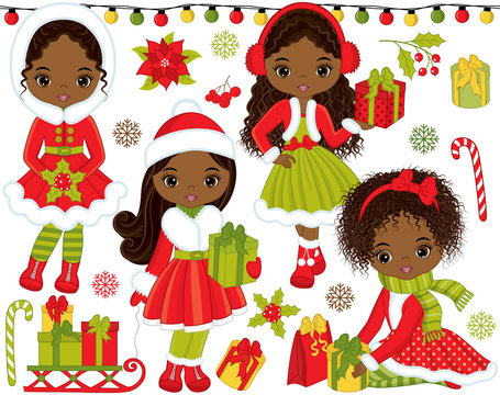 Vector Christmas and New Year Set with Little African American Girls