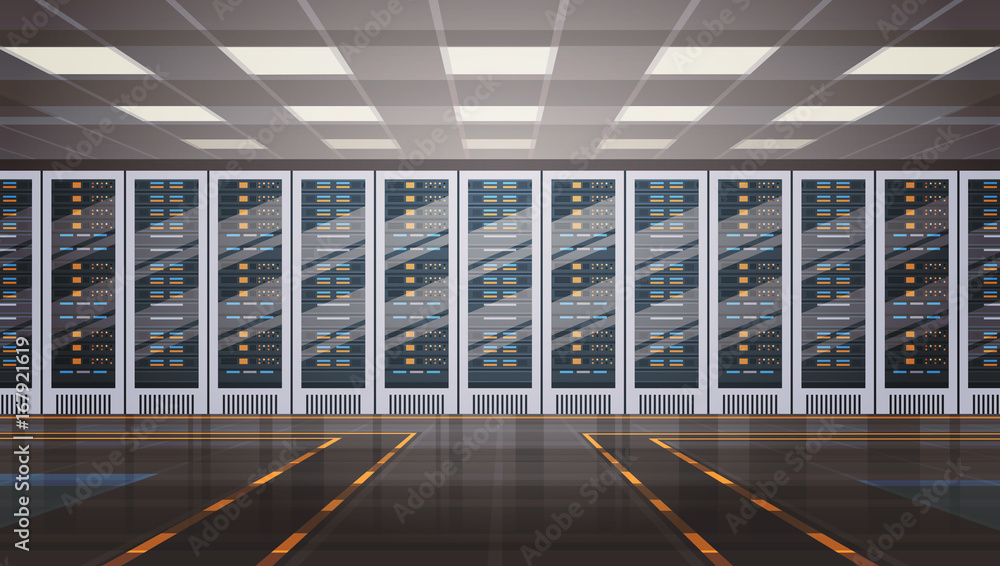 Poster Data Center Room Hosting Server Computer Information Database Synchronize Technology Flat Vector Illustration