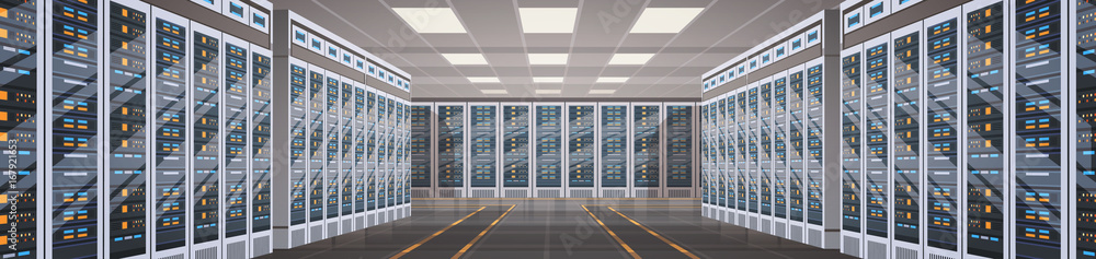 Poster Data Center Room Hosting Server Computer Information Database Synchronize Technology Flat Vector Illustration