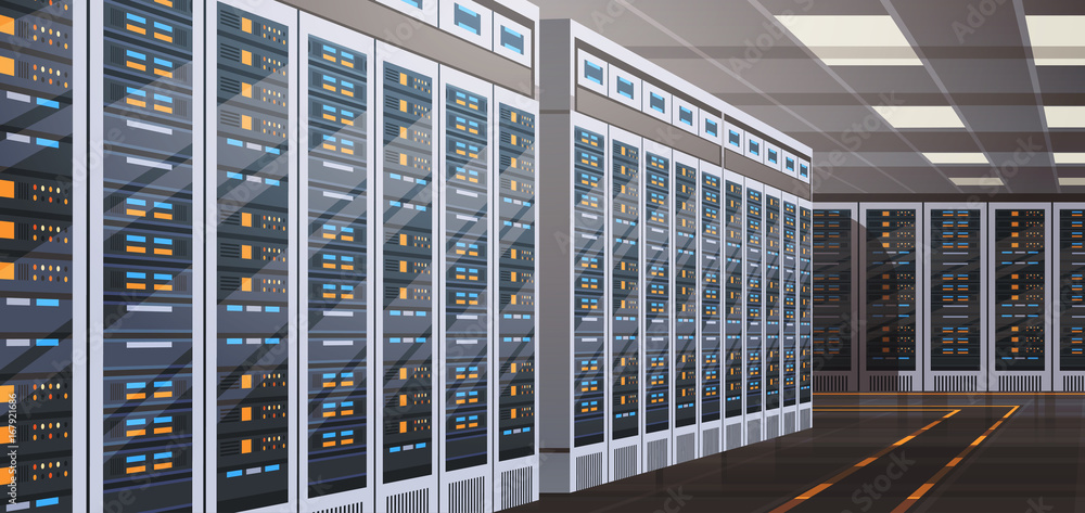 Poster Data Center Room Hosting Server Computer Information Database Synchronize Technology Flat Vector Illustration